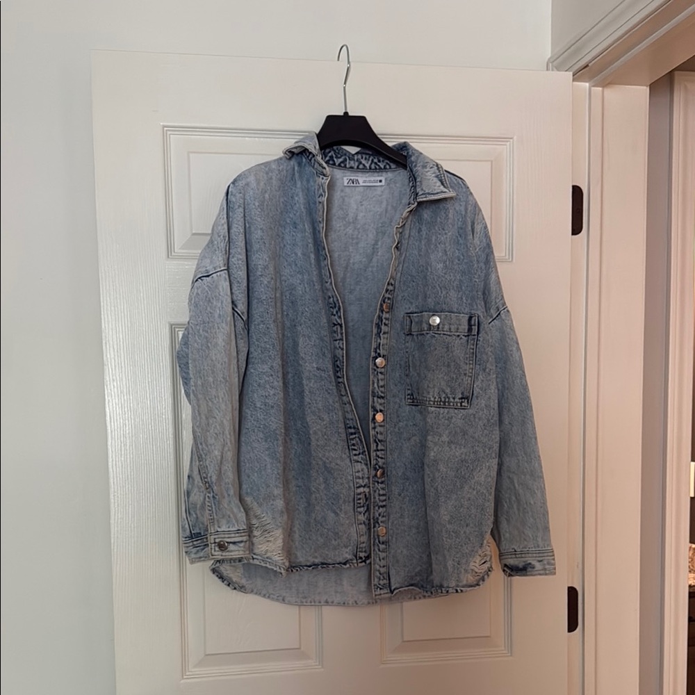 Distressed Denim Jacket by Zara - Light Blue